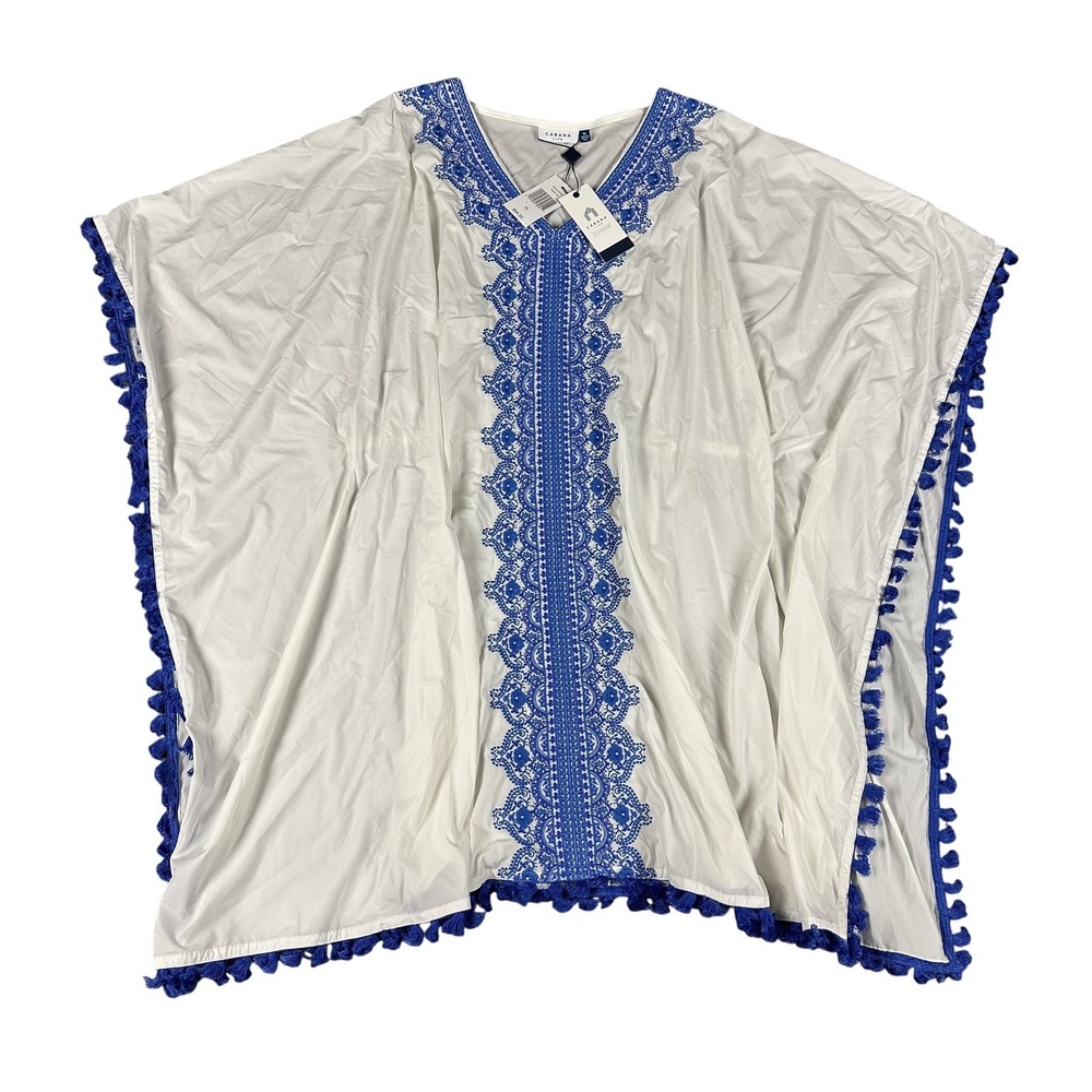 Cabana Life Cover Up Womens XL White Blue Embroidered Tassel Beach Swim Tunic